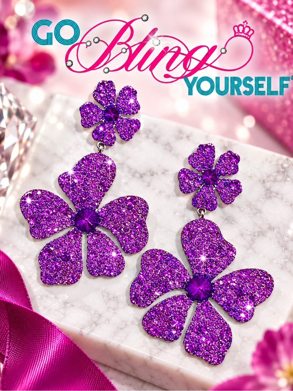 Custom Purple Crystal Flower Drop Earrings